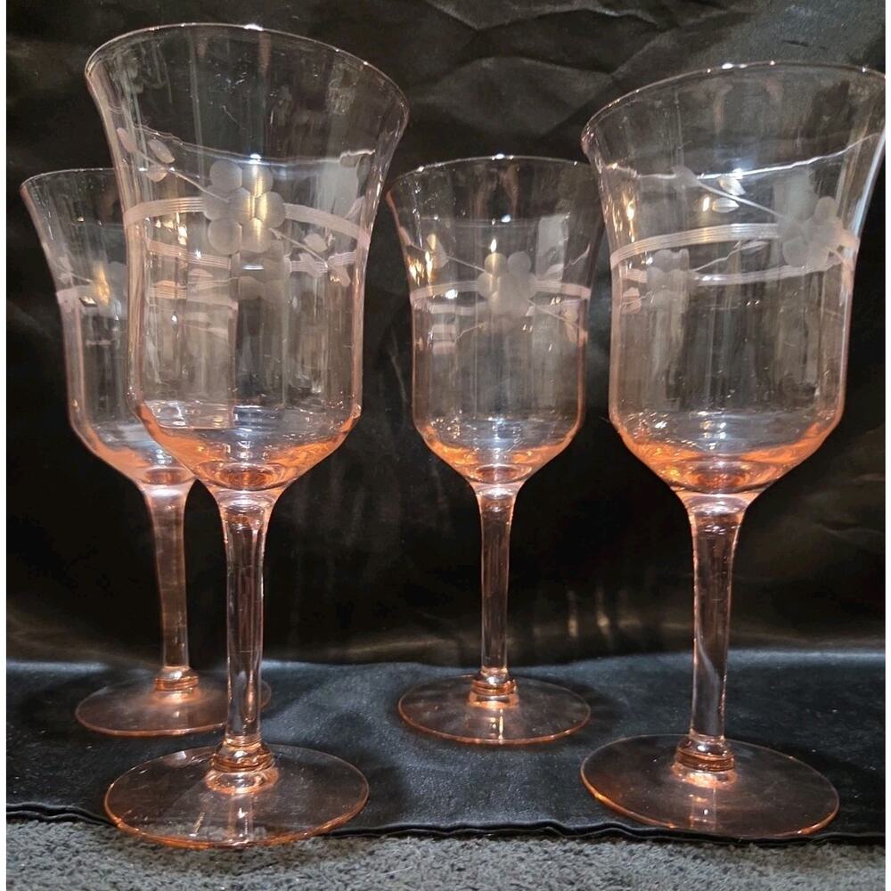 Set Of 4 Pink Depression Glass Water Goblets Etched Flowers 7 In - Picture 2 of 8